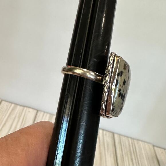 Geometric Dalmatian Jasper handmade ring stamped 925 silver overlay adjustable - Picture 2 of 4